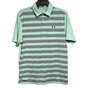 Under Armour M HeatGear Golf Polo Shirt Aqua Striped Loose Fit Logo Preppy Sport